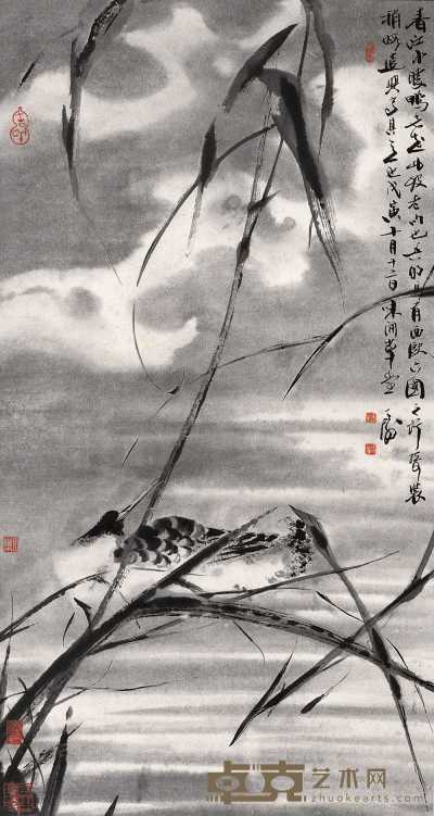 韩天衡 戊寅（1998年）作 春江游鸭图 片 89×47cm